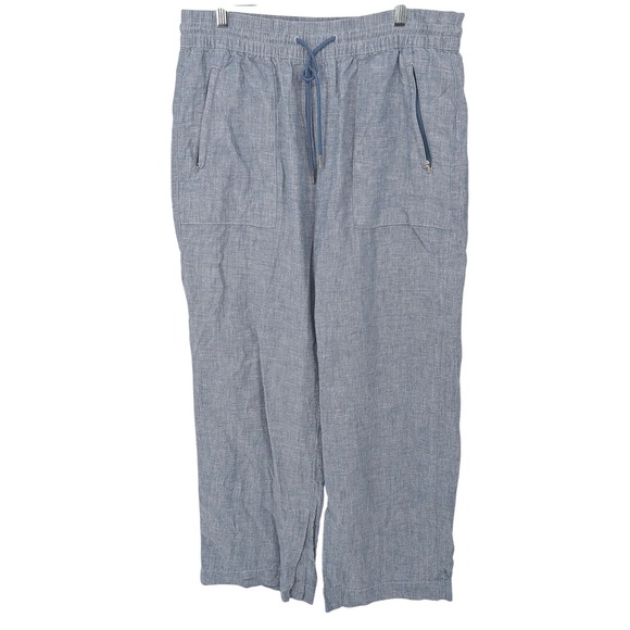 Athleta Pants - Athleta Linen Wide Leg Pants Women 8 Blue Pull On Elastic Waist Casual Coastal